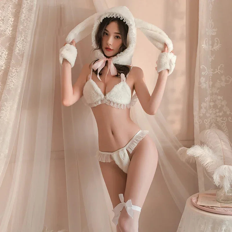 Bunny Girl Cosplay Sweater Underwear Women Sexy Lingerie White Plush Rabbit Ear Bra and Panties Suit Exotic Outfits Costumes
