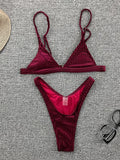 Ribbed Metallic Velvet Bikini Women Swimsuit Female Thong Swimwear Two Pieces Bikini Set High Cut Bathing Suit Swim Beachwear