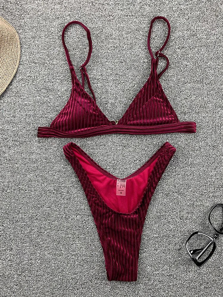 Ribbed Metallic Velvet Bikini Women Swimsuit Female Thong Swimwear Two Pieces Bikini Set High Cut Bathing Suit Swim Beachwear