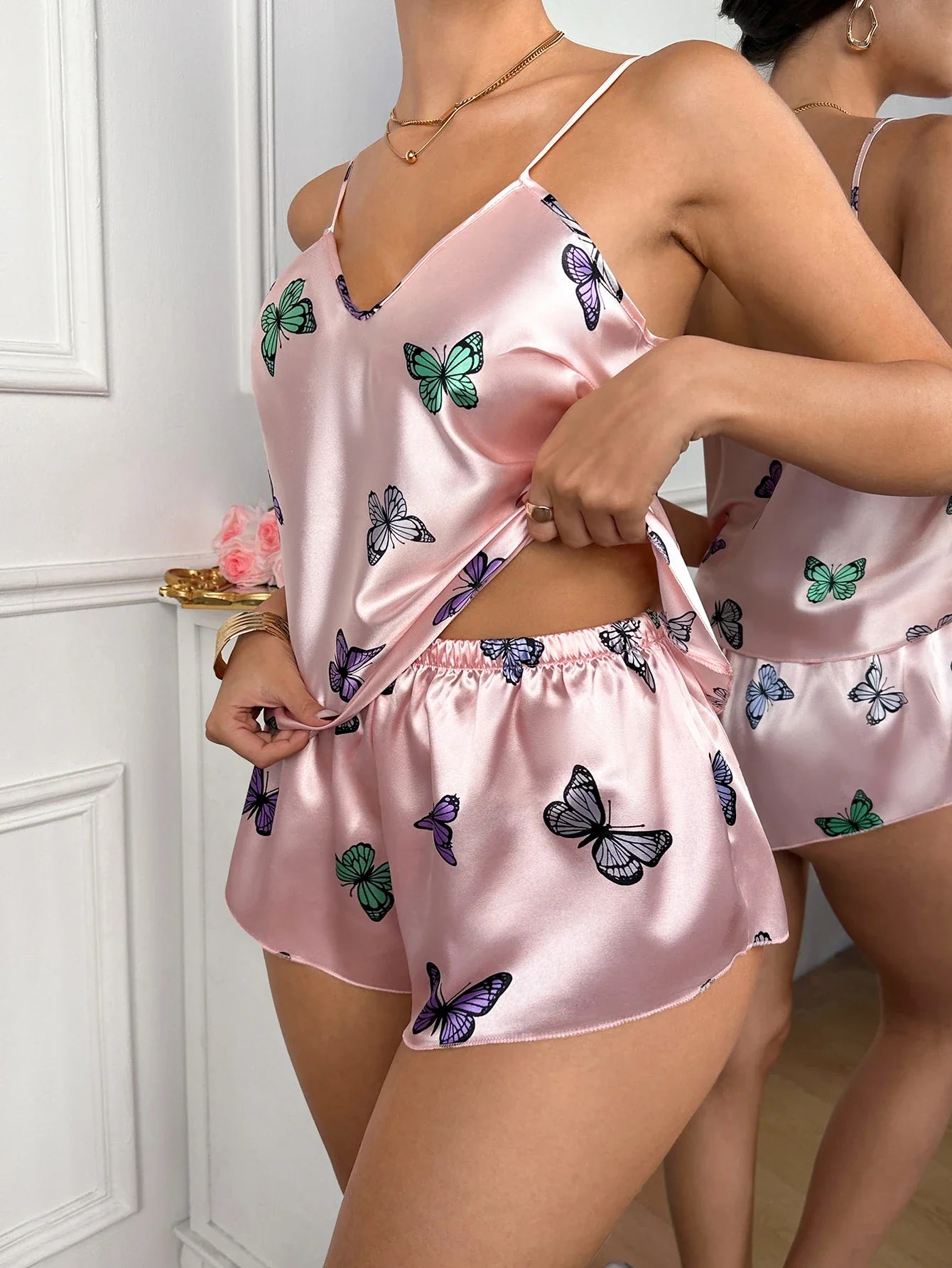 Fashion Women Pajama Set Butterfly Print Sexy V Neck top and Shorts Cute Sleeveless Sleepwear For Home