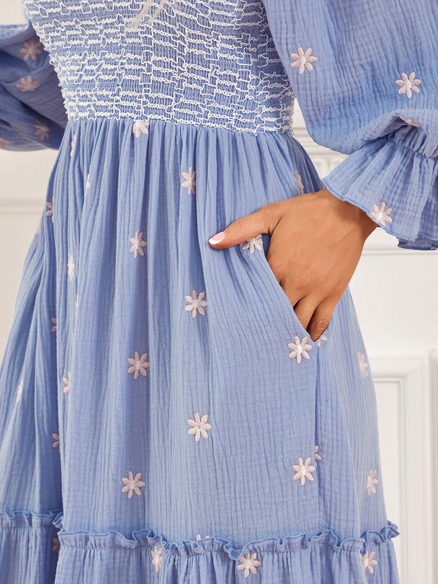Women Spring Fall Long Dress Long Sleeve Dress Square Neck Embroidery Flower Loose Swing Dress Wit Pocket