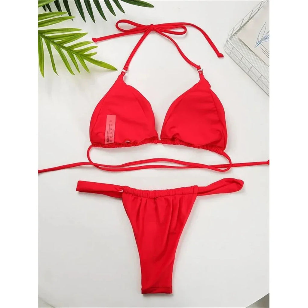 Wrinkled High Cut Mini Micro Thong Bikini Women Swimwear Female Swimsuit Two-pieces Bikini Set Halter Bather Bathing Suit Swim