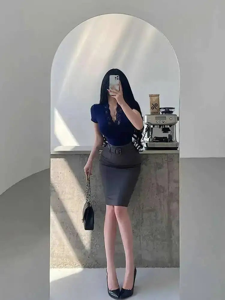 Korean Pure Desire Style Sexy OL High Waist Back Slit Mid Length Skirt Belt School Girl Uniform Fashion Women Mini Skirts UJR8
