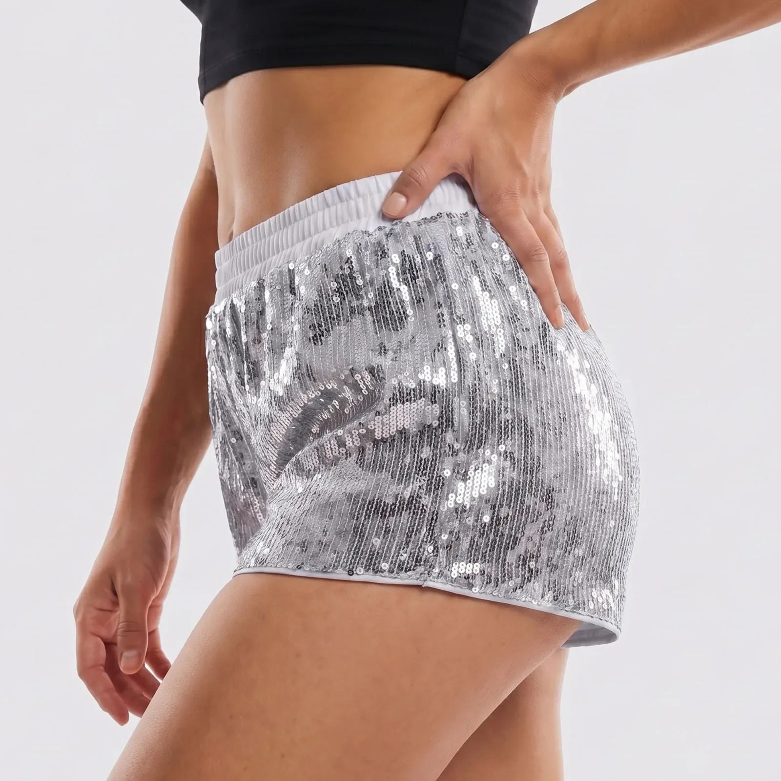 Women's Solid Color Sequin Mini Shorts Summer Fashionable Elastic Waist Going Out Micro Shorts