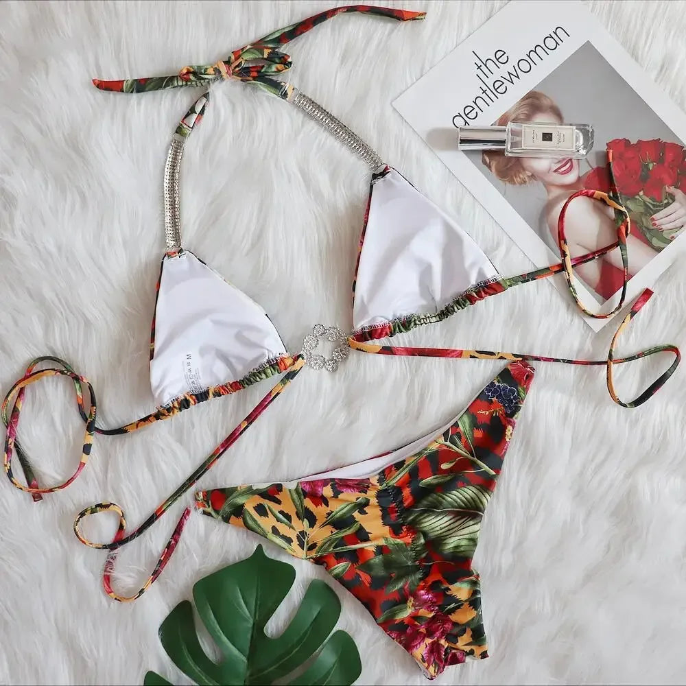 2 Colors Sexy Bikini Women Luxe Rhinestones Chain Swimwear Swimsuit Halter Bikinis Set Beach Bathing Suit Female Banadores Mujer