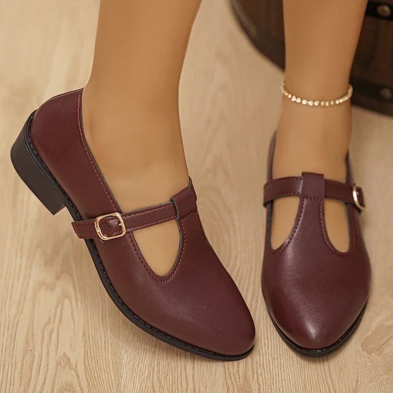 Fashion T Strap Pointed Toe Oxford Shoes Women Ankle Buckle Low Heel Pu Leather Shoes Woman Plus Size 43 Thick Sole Office Shoes