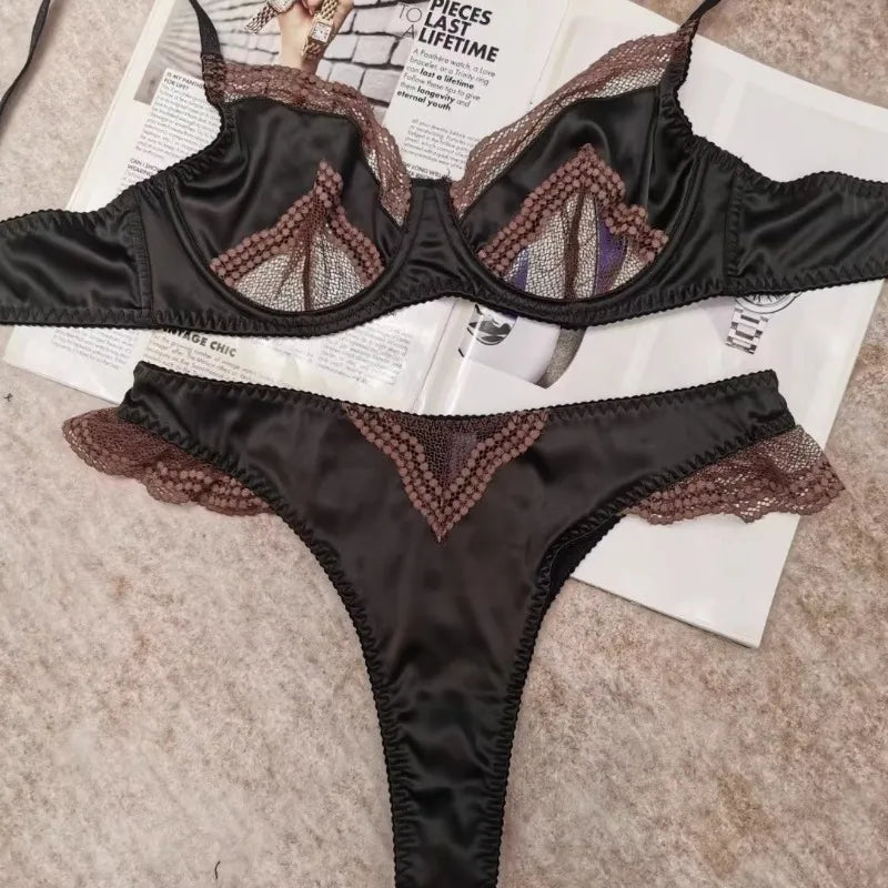 MOYISU Parisian Lingerie Set | Chantilly Lace & Mesh Cutouts | EU 85B Support | Effortless French Slimming Underwire Sexy Bras