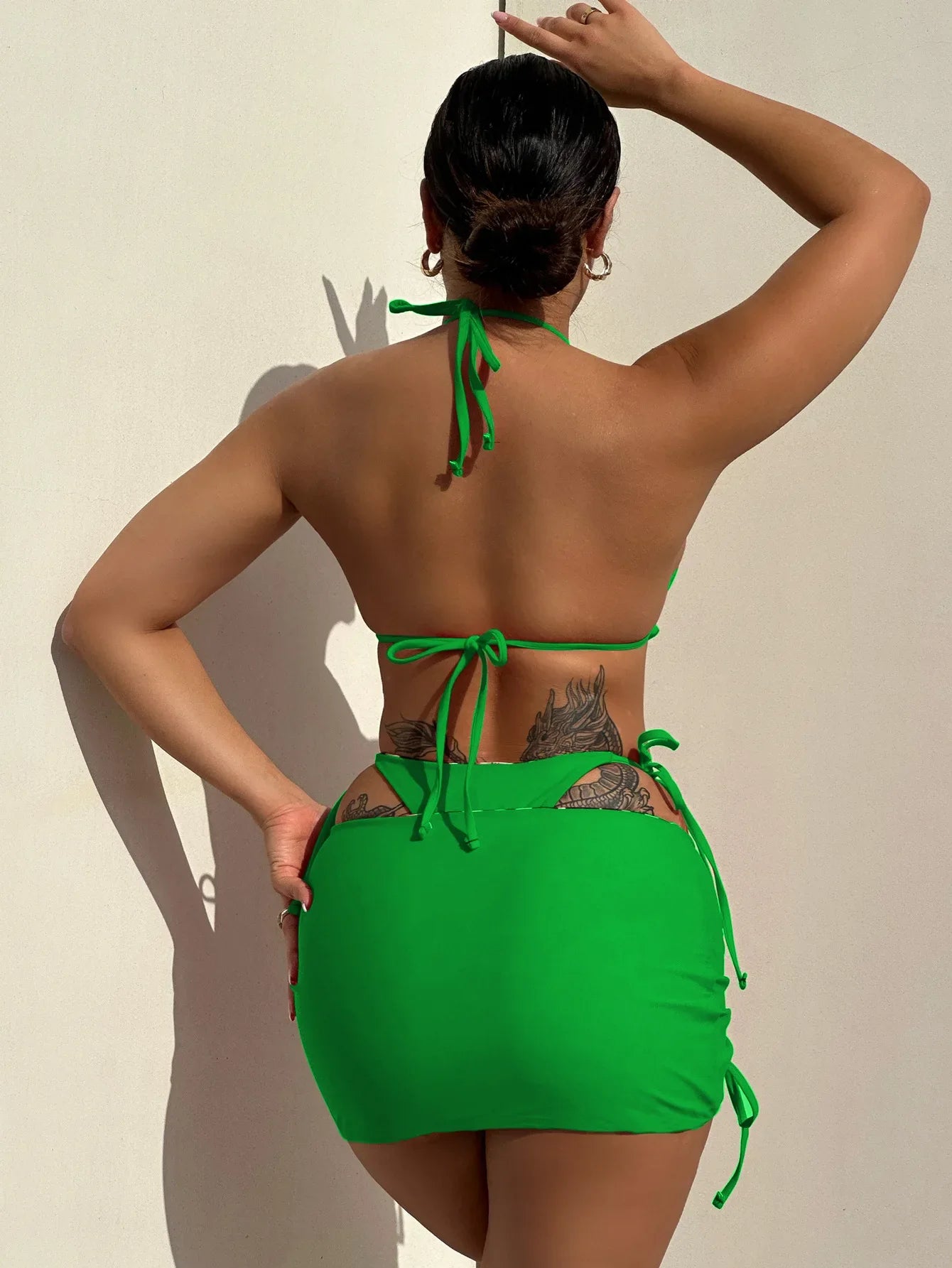 2026 Summer Leopard Print 3 Pieces Suit Swimwear Reversible Sexy Halter Lace-up Bikini Set Drawstring Skirt Cover Up Beachwear