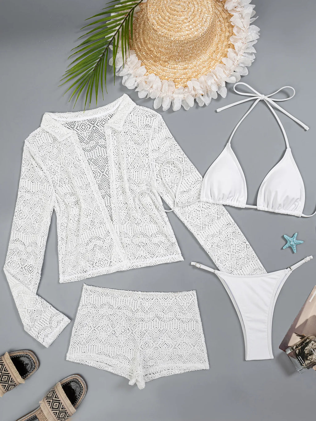 Women white black micro mini string bikini sets 4 pieces with hollow out cardigan tops and shorts swimsuit bathing suits biquini