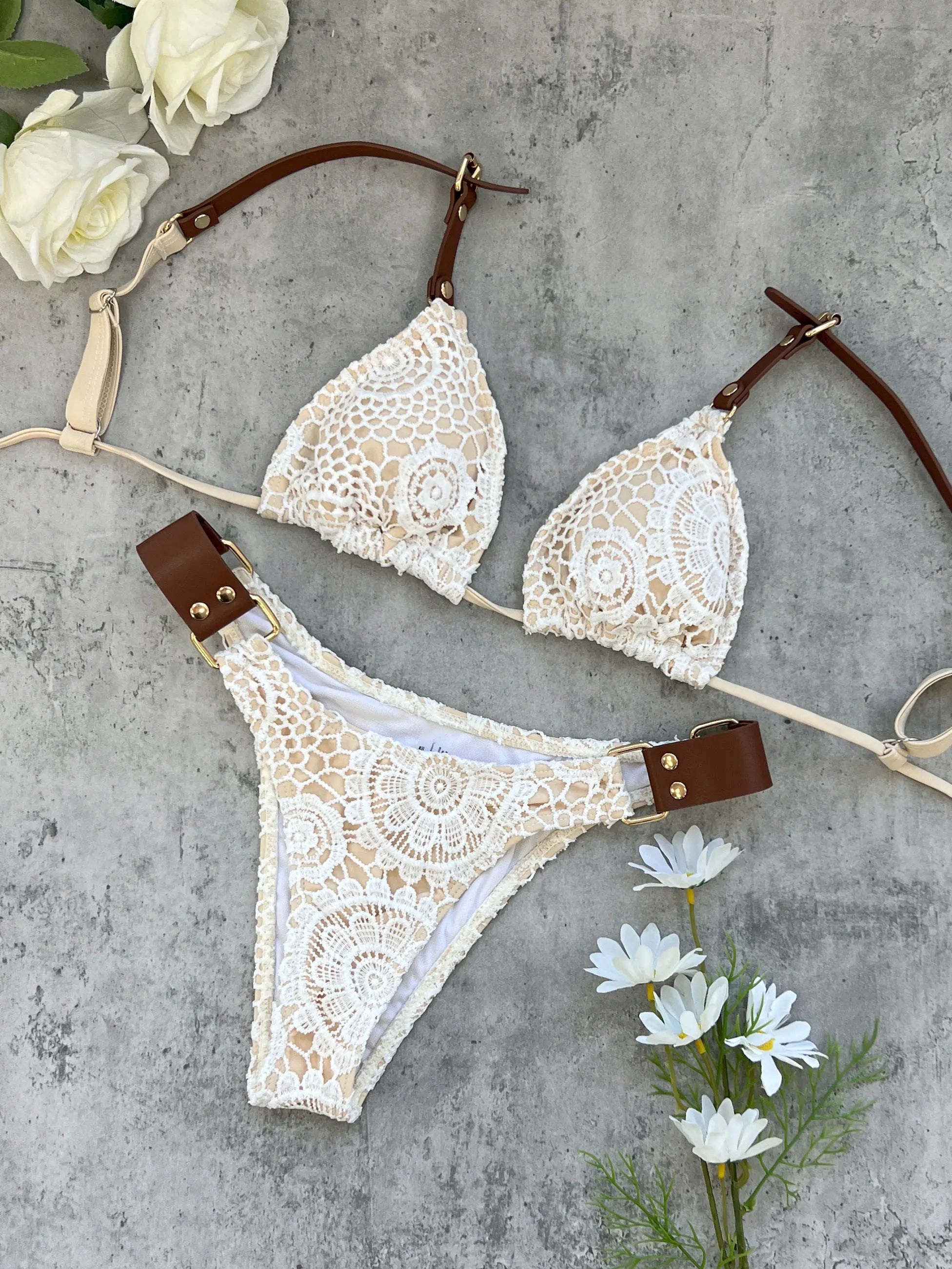 2025 Boho Crochet Bikini Set Cream Knit with Leather Straps Metal Buckles Perfect for Beach Wear Pool Parties Summer Getaways