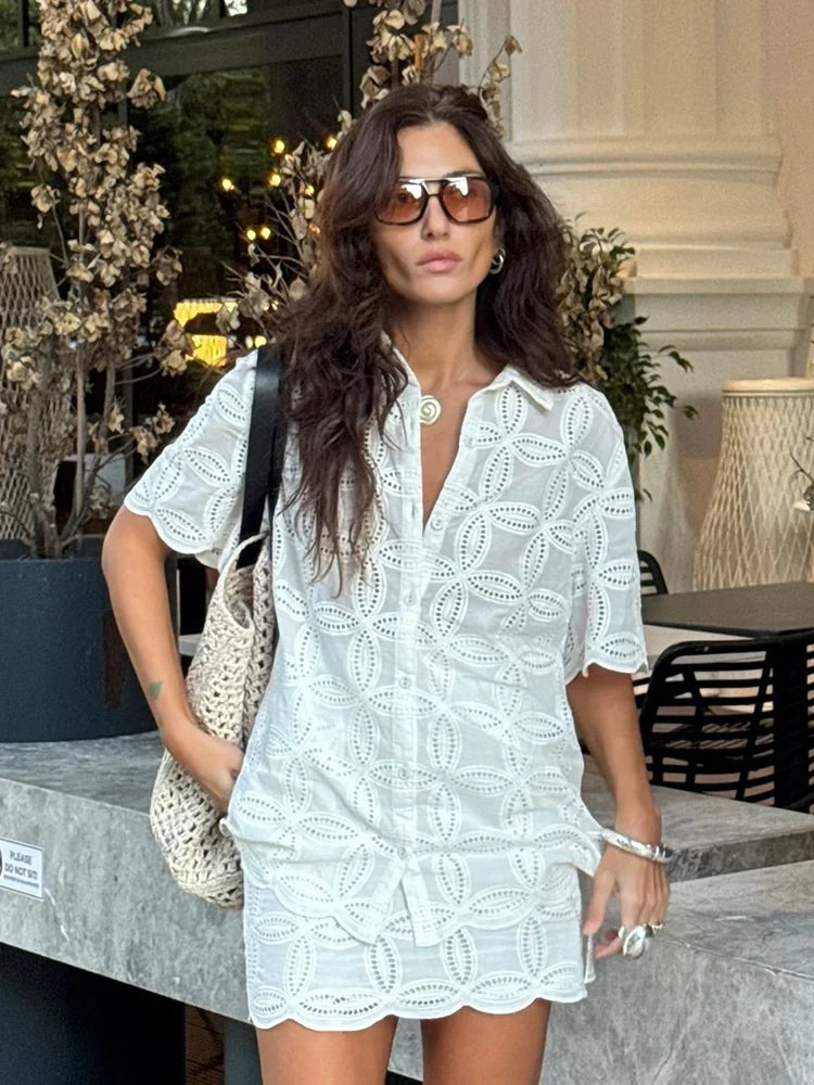 Foridol Summer Casual White Lace Dress Set for Women Hollow Out Embroidery Skirt Outfits 2 Pcs Loose Beach New Suit Skirt Set