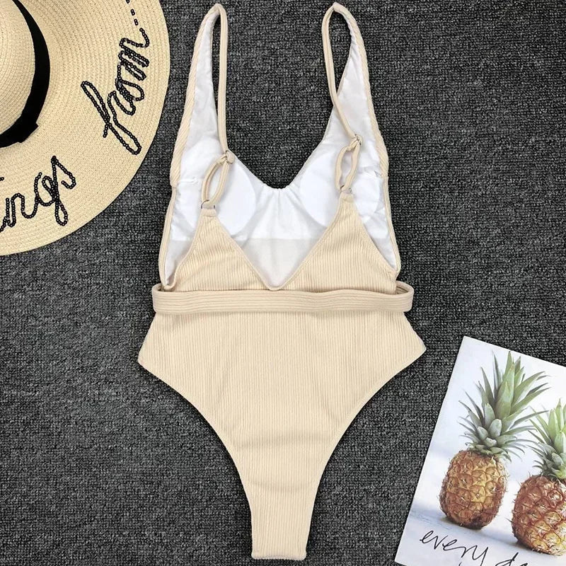 V Neck Ribbed High Cut Women Swimwear One Piece Swimsuit Female Backless Monokini with Waist Belt Bathing Suit Swim Beachwear