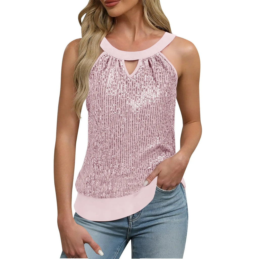 Women's Sequin Glitter Tank Tops Sleeveless Crew Neck Slim Fit Camisole For Holiday Backless Bow Tie Streetwear Party Club Vest