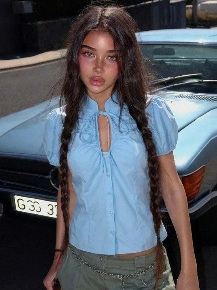 FDYOUI Fashion Stand Collar Lace-up Hollow Out T-shirts Women Chic Short Sleeve Single Breasted Crop Top Folds Solid Tee Shirt
