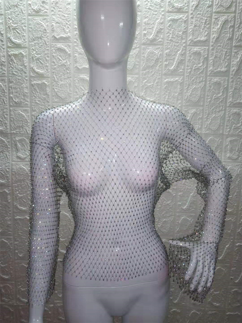 Women Rhinestone Fishnet T-shirt Solid Color Long Sleeve Crop Tops See Through Hollow Out Sexy Shirts Female Smock Tops
