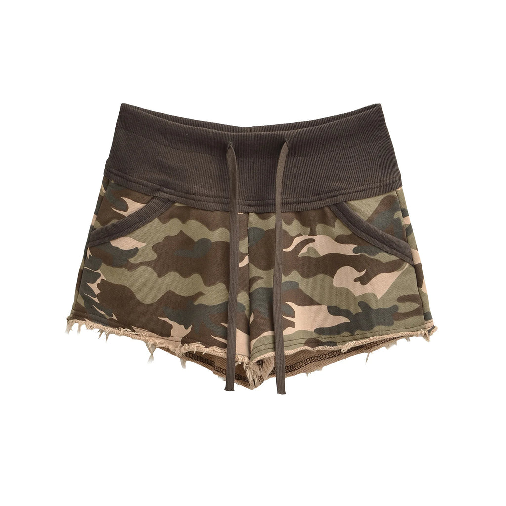 New American Style Camouflage Shorts Washed Frayed Drawstring Elastic Waist Patchwork Sexy Bodycon Hot Pants Shorts Elegant IHOH