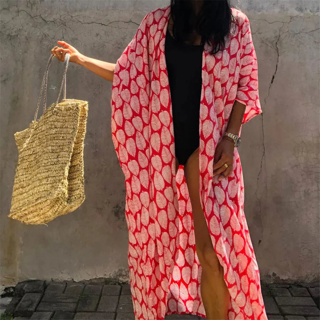 7 Colors Leaves Printed With Belt Half Sleeve Tunic Beach Cover Up Cover-ups Beach Dress Beach Wear Beachwear Female Women V4511