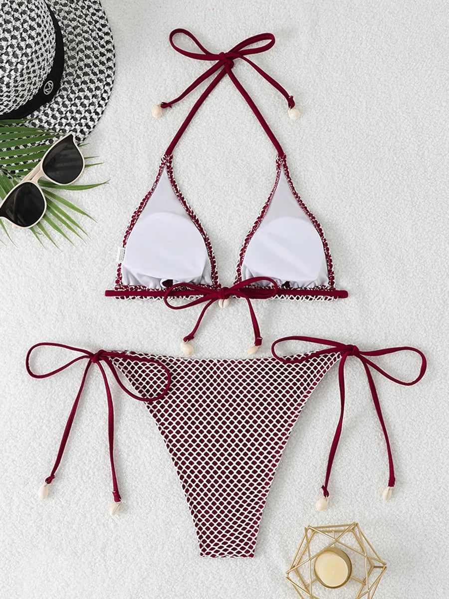 2026 Halter String Triangle Bikini Women Sexy Swimwear Female Mesh Swimsuit Solid Bathers Bathing Swimming Swim Suit Beachwear