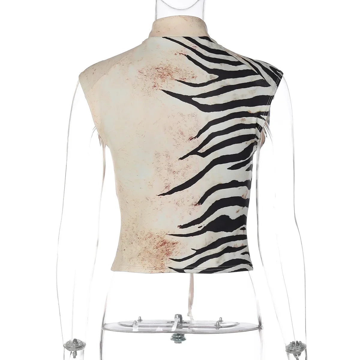 FDYOUI Sexy Zebra-stripe Print Tank Tops Women's Corset 2026 Summer Stand Collar Lace-up Sleeveless T-shirt Hollow Out Crop Top
