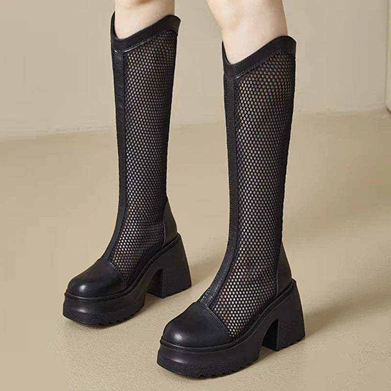 Sexy Mesh Hollow Boots Woman Summer 2025 Solid Size Zipper Mid-Calf Boots for Women Fashion Round Toe Platform Shoes Lady