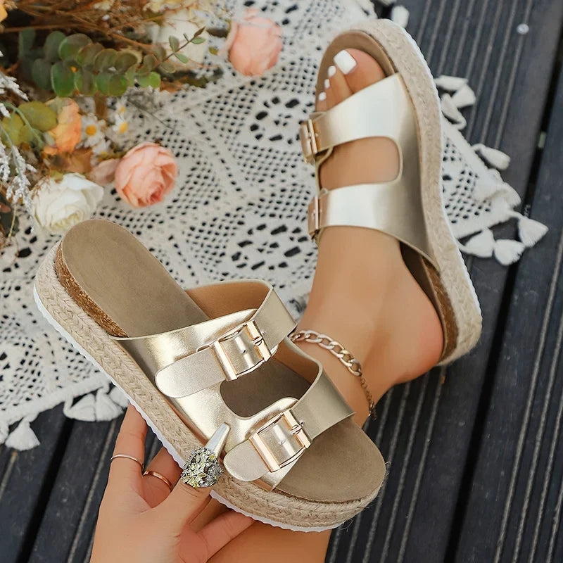 Fashion Gold Chunky Platform Sandals Women Double Buckle Plus Size 35-43 Beach Slippers Woman Non Slip Wedge Heel Sandles Mujer