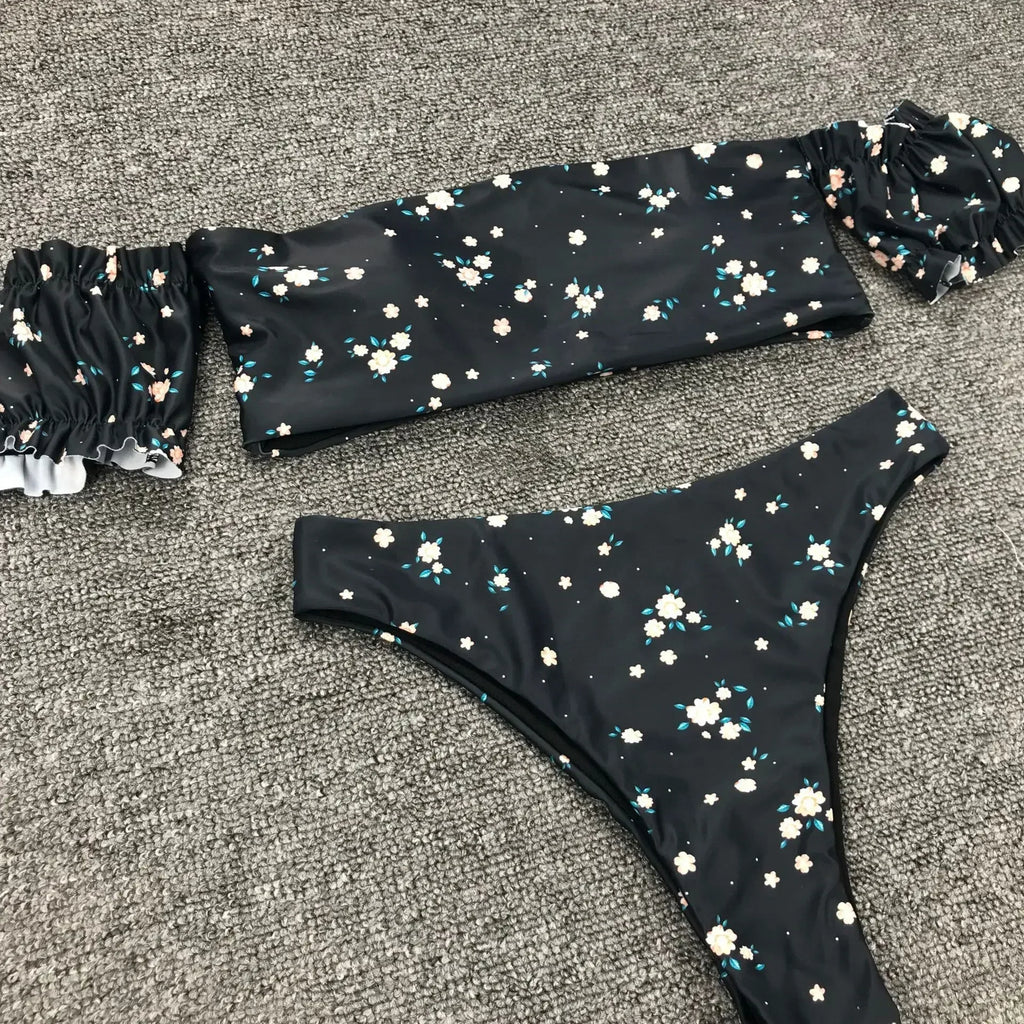 2026 Sexy Bikini Bandeau Women Black Small Floral High Waist Swimwear Swimsuit Female Beach Short Sleeve Bikini Set Bathing Suit