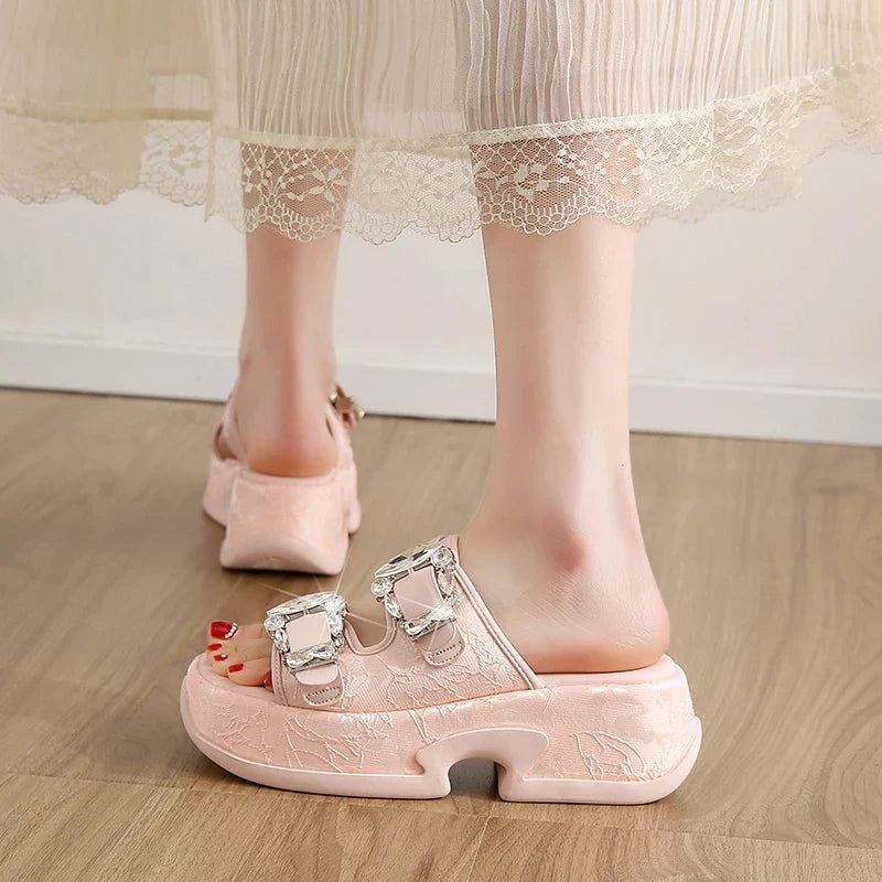 Luxury Rhinestone Thick Bottom Sandals Women 2026 New Silk Satin Embroidery High Heel Sandals Woman Summer Thick Heeled Slippers