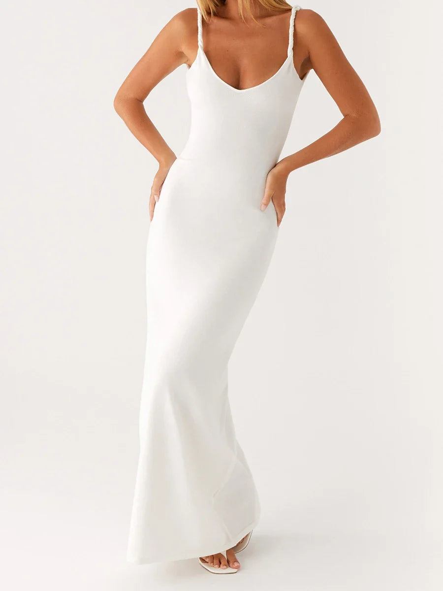 Women Sleeveless Summer Solid Color Twisted Straps Dresses V-Neck Backless Party Club Vacation Beach Long Dresses
