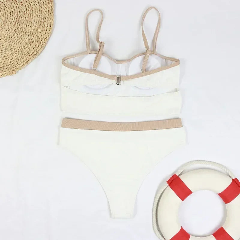 4 Colors Bikini Women Sexy Push Up Swimwear Swimsuit Pit Striped Patchwork High Waist Hollow Back Beach Bikinis Set Bathing Suit
