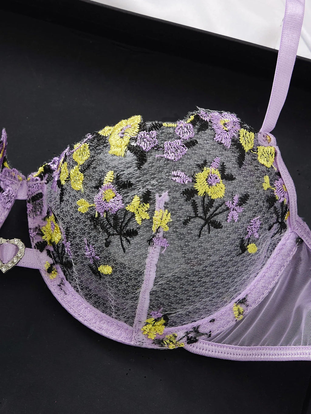 Women's Purple Floral Embroidery Lingerie Set Half Cup Push Up Bra And Thong Sheer Mesh Lace Comfortable Sexy Underwear ZA824026