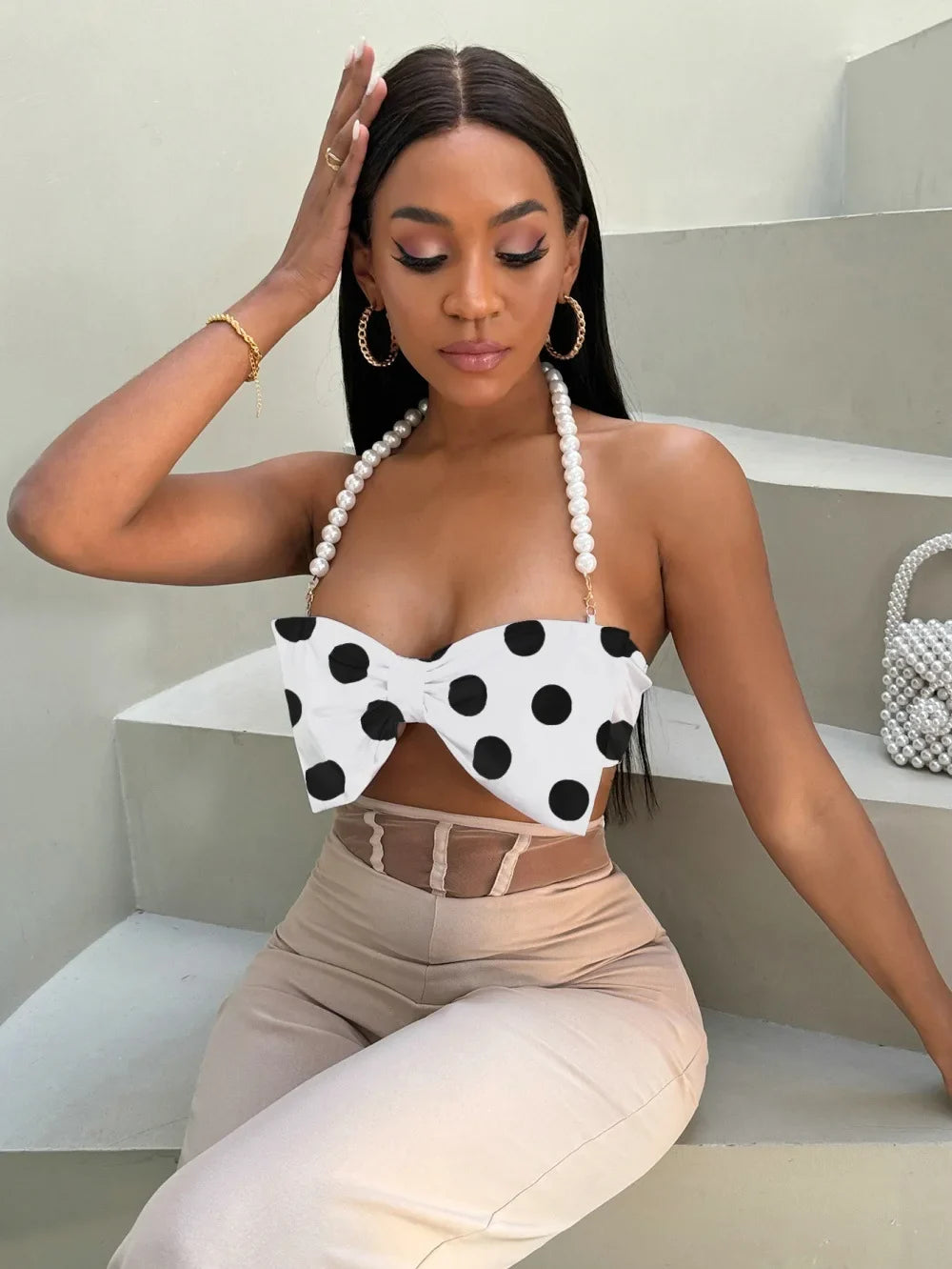 Women's Pure Desire Sexy Hot Girl Polka Dot Halter Pearl Bowknot Strap Vest Hanging Neck Pure Desire Casaul Style Vest IFQ9