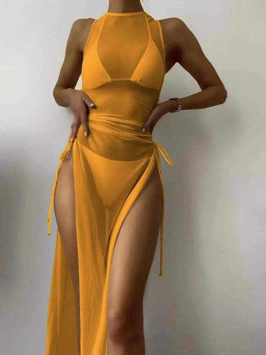 3 Pieces Thong Bikini 2026 Women With Dress String Swimwear Female Solid Swimsuit Beach Wear Bathing Swimming Suit Summer