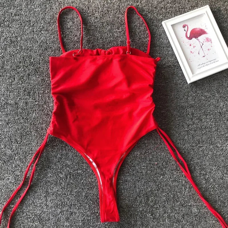 Neon Green Tummy Cut Out Female Swimwear One Piece Swimsuit Women Thong String Monokini High Leg Cut Bathing Suit Swim Bodysuit