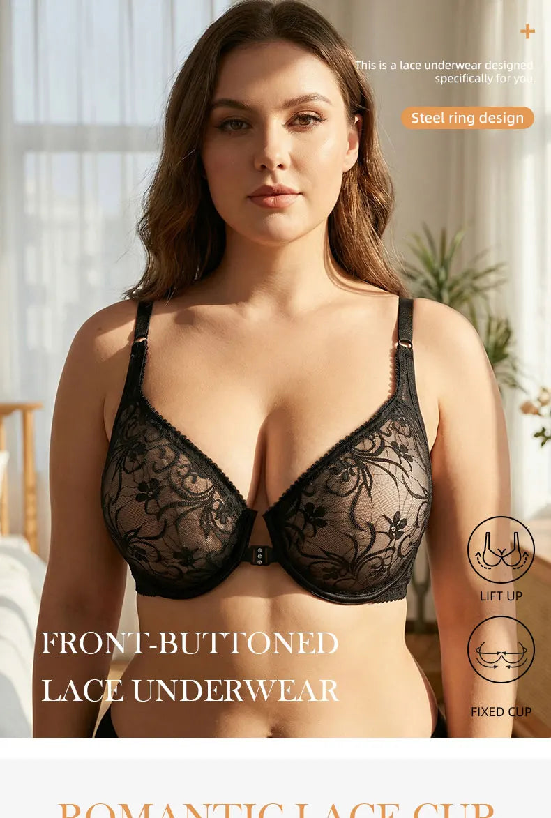 Womens Front Button Lace Bra Underwire Underwear Elegant Embroidery Trendy Breathable Casual Plus Size Lingeire A B C D E F Cup
