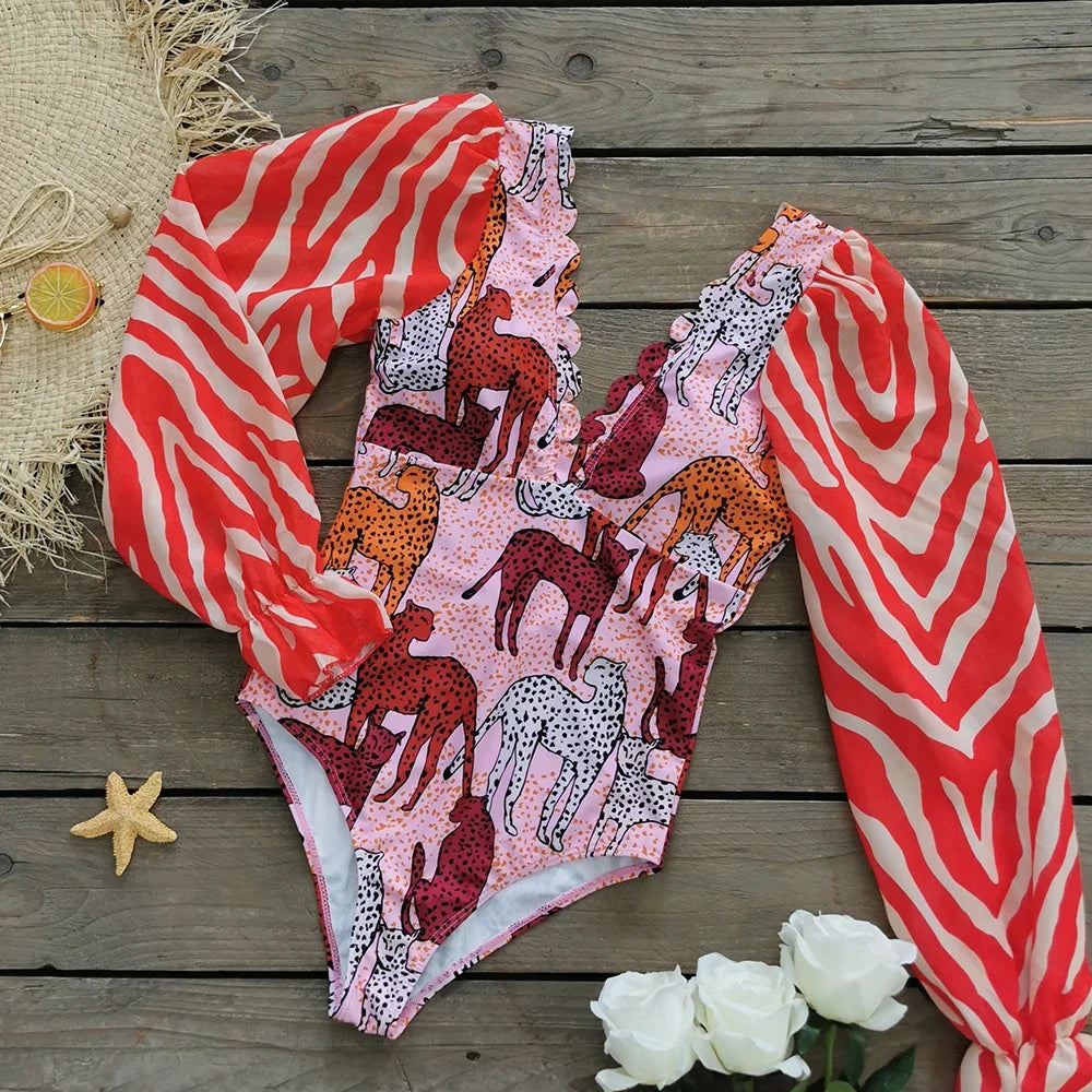 One Piece Swimsuit Sexy Long Sleeve Tropical Print Swimwear Women Bandage Monokini Hollow Out Bathing Suit String Beachwear 2023