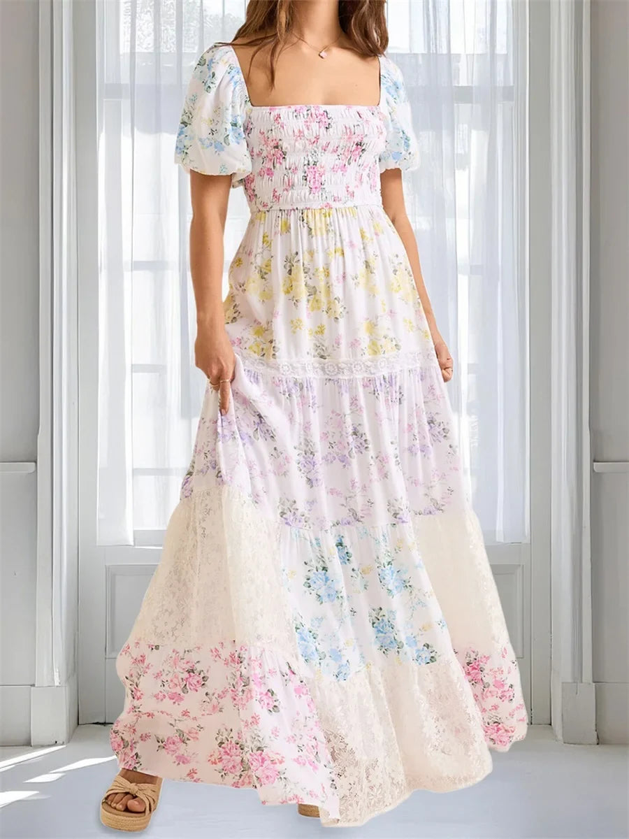 Women Summer Floral Print Dress Square Neck Puff Short Sleeve Ruffle Hem A-Line Dress Retro Casual Streetwear