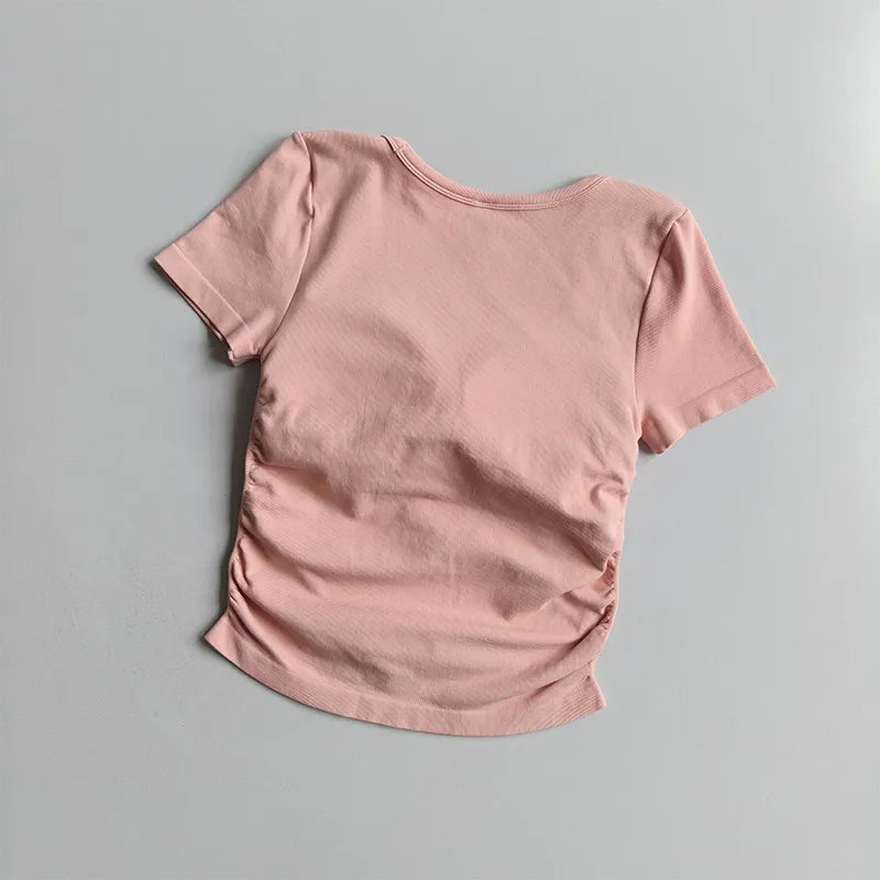 Big round Neck Yoga T-Shirt Short-Sleeved Slimming Sports Top with Fixed Chest Cushion for Running Pilates Summer Stretch