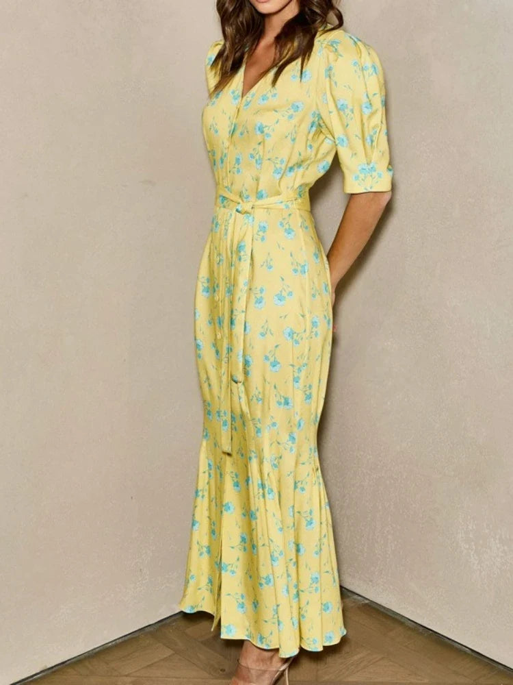 FDYOUI 2026 Summer V-neck Short Sleeve Floral Print Yellow Party Dress Women Single Breasted Lace-up Slim Long Vacation Dresses
