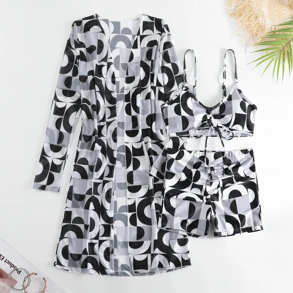 New Sexy 3 Pieces Suit for Women Neck Hanging Bikini Set+Cover-up Swimwear Sunproof Tankini High Waist Shorts Swimsuit Beachwear