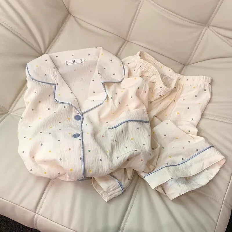 Women's printed polka dot cotton pajamas set, short sleeved top and shorts 2-piece set, casual and comfortable home set, sweet