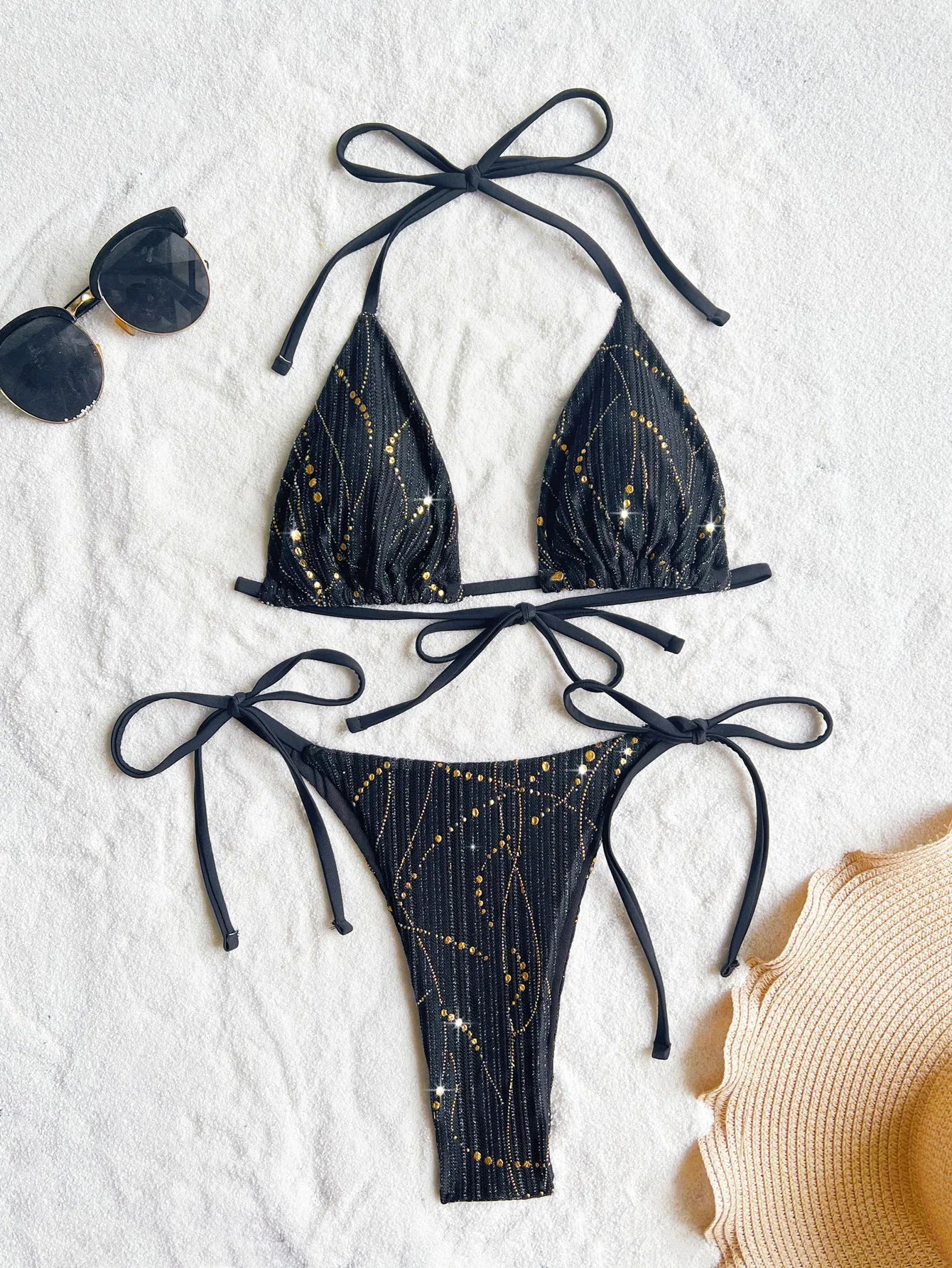 sexy glitter black string micro mini halter bikinis sets two pieces 2024 women thong tie swimsuit bathing suit swimwear biquini