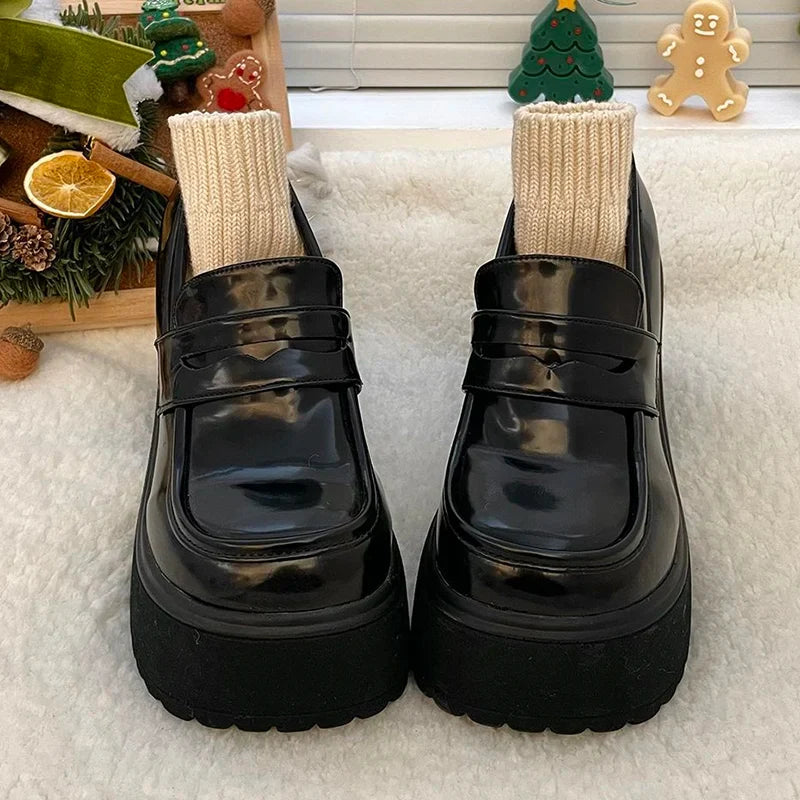 Punk Style Chunky Platform Pumps Women Black Pu Leather Super High Heel Loafers Woman Slip On Thick Heels Lolita Mary Jane Shoes