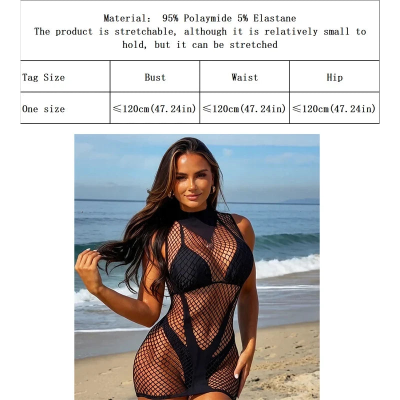 Fishnet Women Sexy Beach Cover Up Dress Women Stretch See Through Sleeveless without Bikini Swimsuit Coverup Mini Beachwea