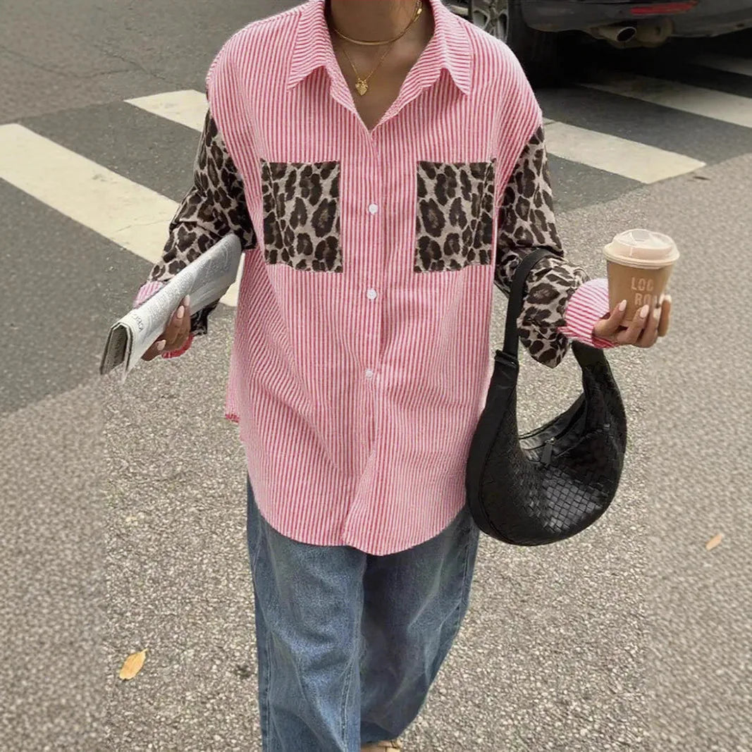 2026 New Women's Loose Casual Leopard Stripe Patchwork Long Sleeve Shirt with Pockets Turn Down Collar Blouse Top