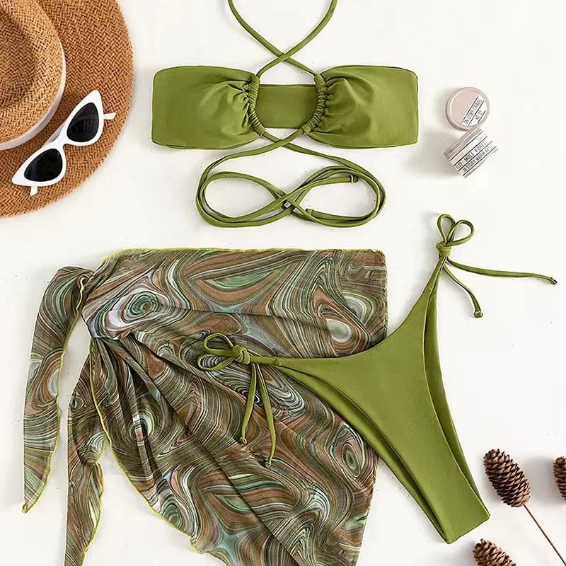 Sexy Green Bikini Sets Three Pieces Swimsuit With Mesh Skirt Bikinis Swimsuit Swimwear High Waist Bathing Suit Beachwear Biquini