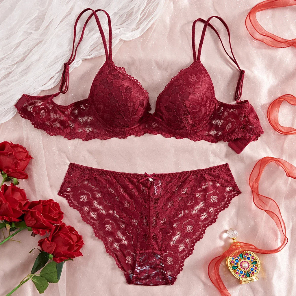 6-Piece Set Women's Bra and Panties Set Sexy Patterned Lace Patchwork No Lining Comfortable Fitting Women's Push-Up Bra Women's Underwear Set