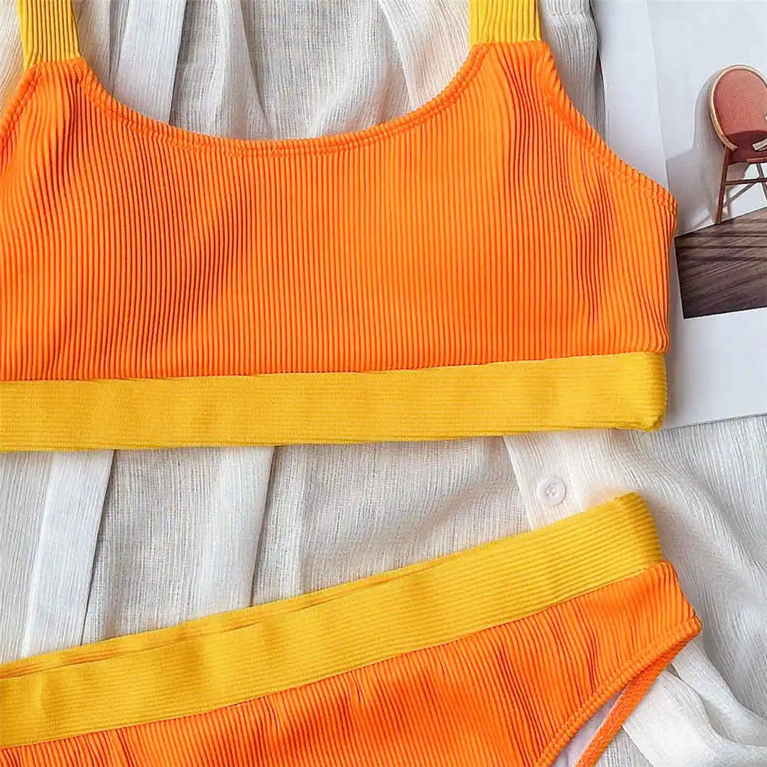 New Sexy Ribbed Splicing Female Swimsuit High Waist Bikini Women Swimwear Two-pieces Bikini Set Bather Bathing Suit Swim V2329
