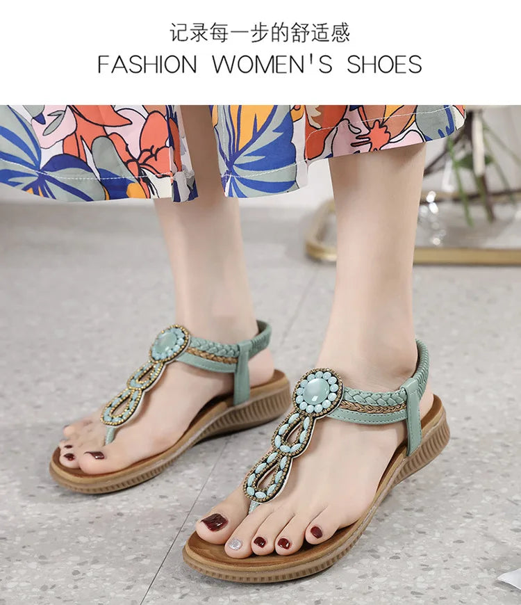 2026 New Shoes for Women Bohemia Crystal Sandals Women Shoes Rhinestone Lady Flip Flops Pearl Slip on Flat Beach Shoes
