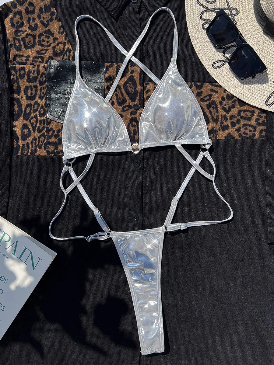 Shiny PU Leather Extreme Mini String Thong Monokini Backless Women Swimwear One Piece Swimsuit Female High Cut Bathing Suit Swim