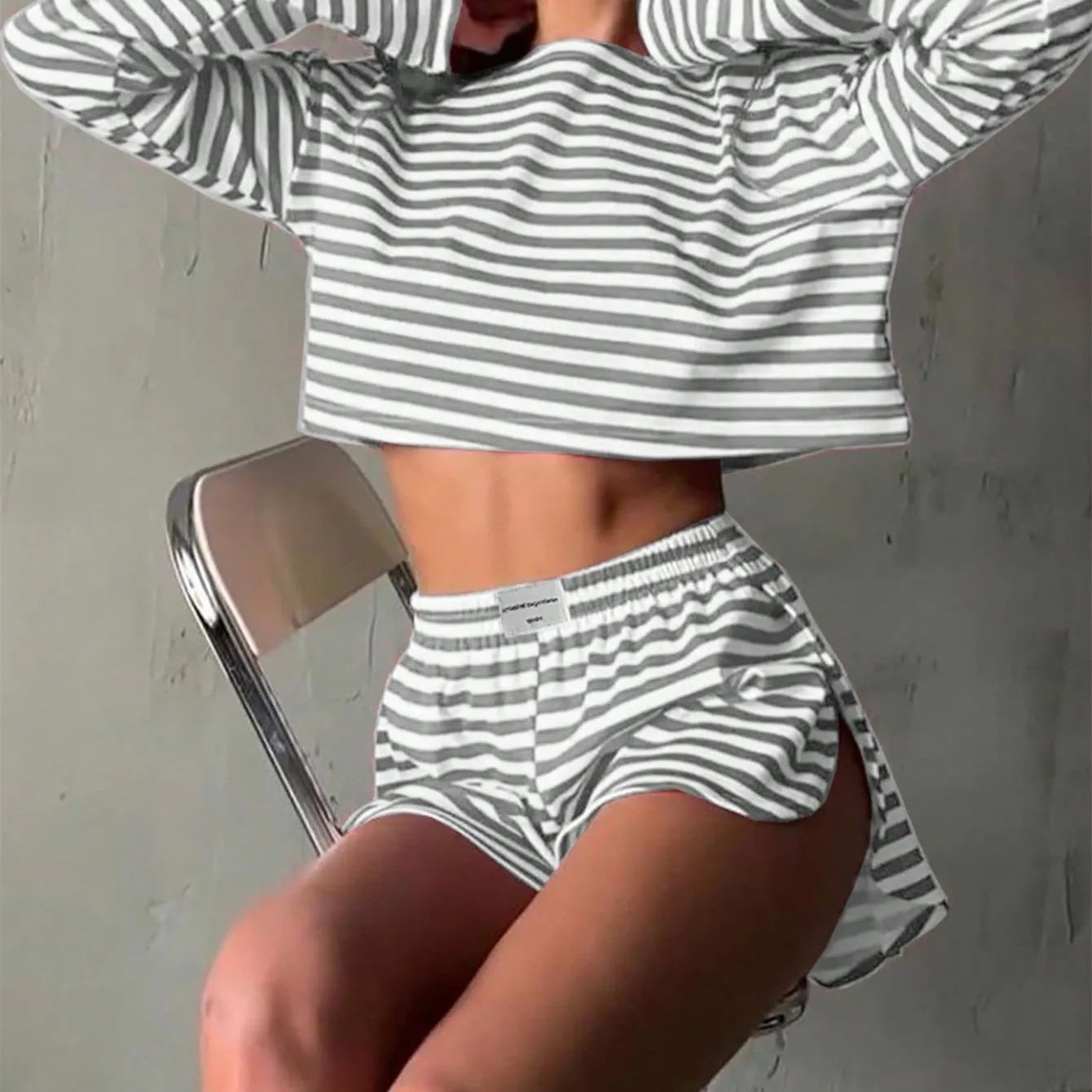 Summer Striped Pajama Sets for Women Sleepwear Long Sleeve Top and Shorts 2 Piece Set Casual Home Wear Loungewear